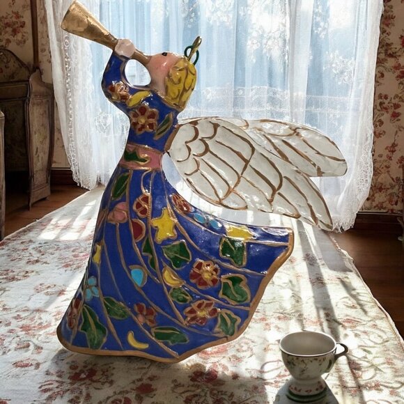 Vintage Cloisonne Style Enamel Angel Ornament With Trumpet‎ - Picture 1 of 7